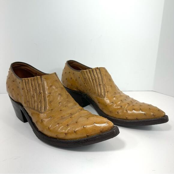 Full Quill Ostrich Shoe Cognac Tan Leather Western Ankle Boots Size 9 - Picture 1 of 14